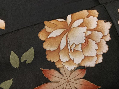 平和屋着物●訪問着　草花文　黒地　金彩　正絹　逸品　未使用　AABH8266ph