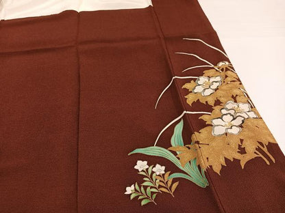 平和屋着物●浦野理一　色留袖　草花文　金彩　鬼しぼ縮緬　正絹　逸品　AABH8260ph