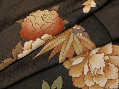 平和屋着物●訪問着　草花文　黒地　金彩　正絹　逸品　未使用　AABH8266ph