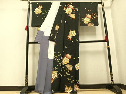 平和屋着物●訪問着　草花文　黒地　金彩　正絹　逸品　未使用　AABH8266ph