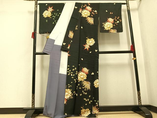 平和屋着物●訪問着　草花文　黒地　金彩　正絹　逸品　未使用　AABH8266ph