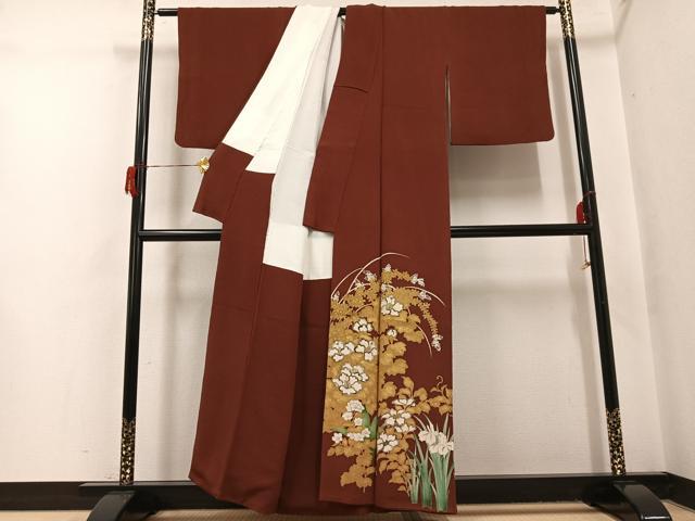 平和屋着物●浦野理一　色留袖　草花文　金彩　鬼しぼ縮緬　正絹　逸品　AABH8260ph