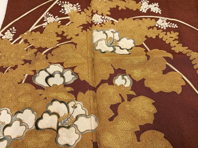 平和屋着物●浦野理一　色留袖　草花文　金彩　鬼しぼ縮緬　正絹　逸品　AABH8260ph