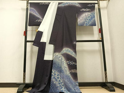 平和屋着物●訪問着　絞り　草花文　暈し染め　金彩　銀通し地　ロング丈　正絹　逸品　AABH8271ph