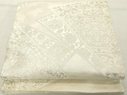 平和屋着物◎六通柄袋帯　幾何学花文　銀糸　正絹　逸品　DABE2892cd