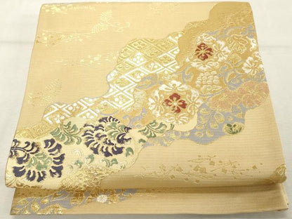 平和屋着物◎六通柄袋帯　道長花文　金糸　正絹　逸品　DABE2902cd