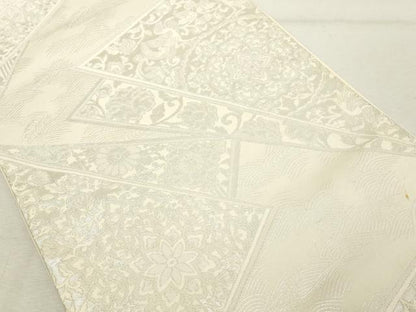 平和屋着物◎六通柄袋帯　幾何学花文　銀糸　正絹　逸品　DABE2892cd