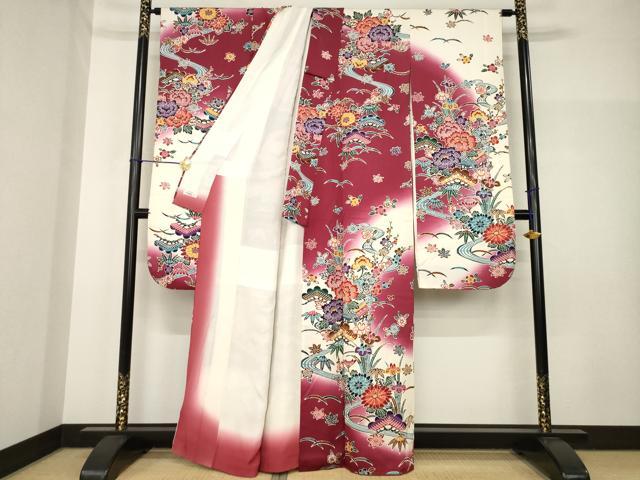 平和屋着物●豪華振袖　型染め　松竹梅流水風景文　暈し染め　やまと誂製　正絹　逸品　AABH8457ck