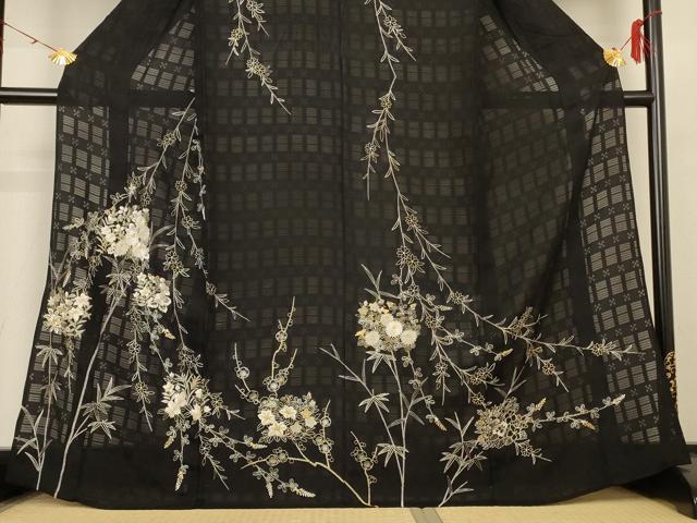 平和屋着物＊夏物　訪問着　紗　刺繍　草花文　金銀糸　正絹　逸品　AABH6534jd
