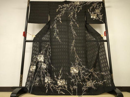 平和屋着物＊夏物　訪問着　紗　刺繍　草花文　金銀糸　正絹　逸品　AABH6534jd