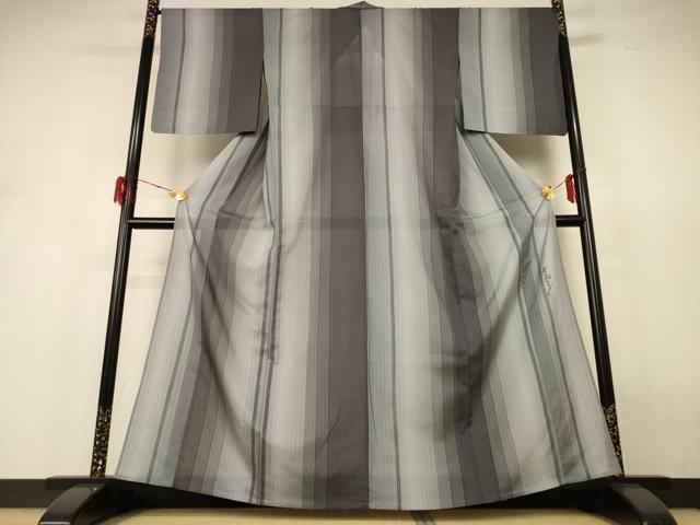 平和屋着物＊夏物 染色作家 斉藤三才 小紋 紗 縞 暈し染め 正絹 逸品 AABH6547jd