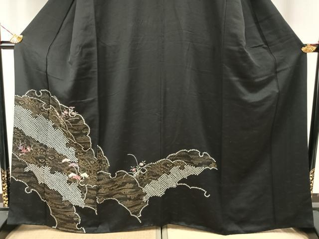 平和屋着物○訪問着 絞り 刺繍 草花文 黒地 金彩 正絹 逸品 AABH4921fy