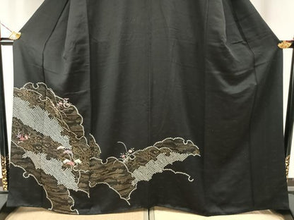 平和屋着物●訪問着　絞り　刺繍　草花文　黒地　金彩　正絹　逸品　AABH4921fy