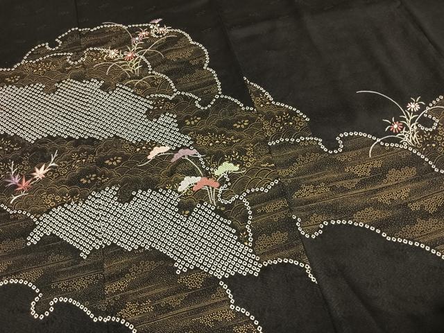 平和屋着物●訪問着　絞り　刺繍　草花文　黒地　金彩　正絹　逸品　AABH4921fy 平和屋着物○訪問着 絞り 刺繍 草花文 黒地 金彩 正絹 逸品 AABH4921fy