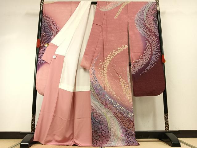 平和屋着物●豪華振袖　絞り　舞花文　暈し染め　銀通し地　京都きもの友禅扱い　正絹　逸品　AABH4939fy