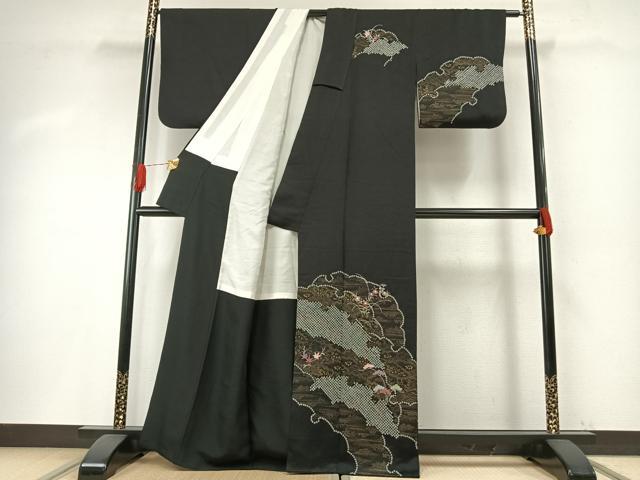 平和屋着物○訪問着 絞り 刺繍 草花文 黒地 金彩 正絹 逸品 AABH4921fy
