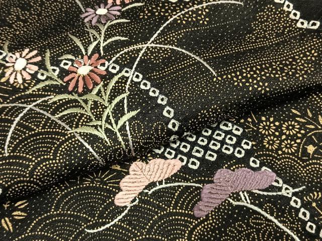 平和屋着物●訪問着　絞り　刺繍　草花文　黒地　金彩　正絹　逸品　AABH4921fy 平和屋着物○訪問着 絞り 刺繍 草花文 黒地 金彩 正絹 逸品 AABH4921fy