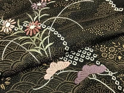 平和屋着物●訪問着　絞り　刺繍　草花文　黒地　金彩　正絹　逸品　AABH4921fy