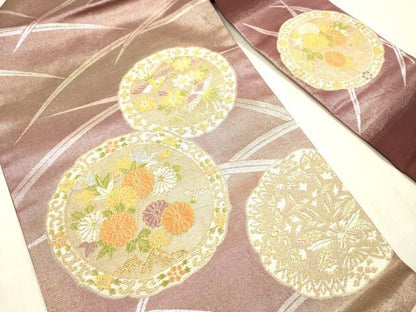 平和屋着物◎九寸名古屋帯　唐織　絵皿花鳥文　金銀糸　正絹　逸品　DABE0245ya