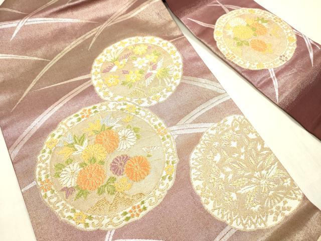 平和屋着物◎九寸名古屋帯　唐織　絵皿花鳥文　金銀糸　正絹　逸品　DABE0245ya