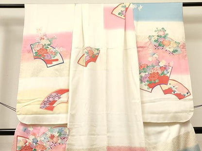 平和屋着物[]七五三　女の子　７歳　祝着　四つ身　駒刺繍　地紙鴛鴦花文　暈し染め　金彩　逸品　DABC5447ma
