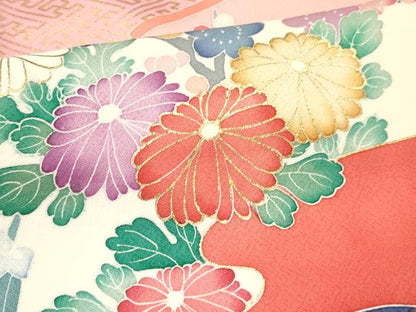 平和屋着物[]七五三　女の子　７歳　祝着　四つ身　駒刺繍　地紙鴛鴦花文　暈し染め　金彩　逸品　DABC5447ma