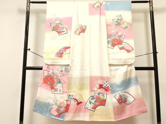 平和屋着物[]七五三　女の子　７歳　祝着　四つ身　駒刺繍　地紙鴛鴦花文　暈し染め　金彩　逸品　DABC5447ma