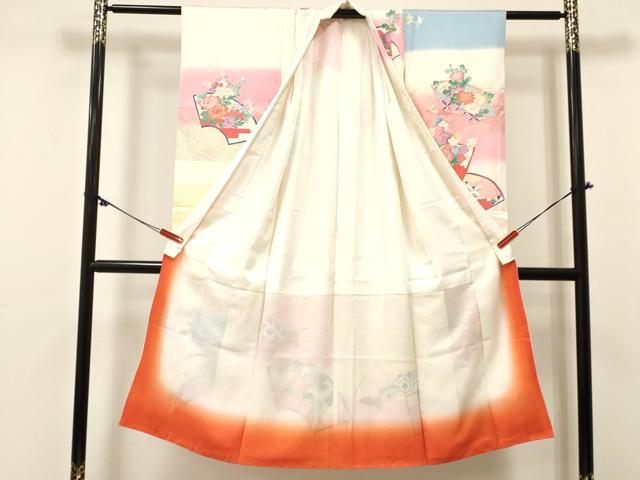 平和屋着物[]七五三　女の子　７歳　祝着　四つ身　駒刺繍　地紙鴛鴦花文　暈し染め　金彩　逸品　DABC5447ma