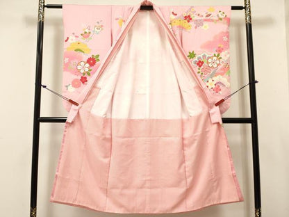 平和屋着物[]七五三　女の子　７歳　祝着　四つ身　駒刺繍　束ね熨斗花文　暈し染め　金彩　逸品　DABC5445ma