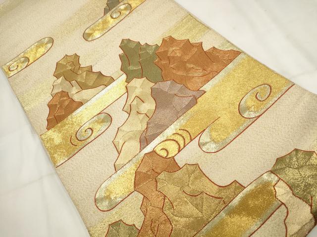 平和屋着物▼爪掻き本綴れ　袋帯　総刺繍　駒刺繍　霞風景文　金通し地　正絹　逸品　AABH7758wj