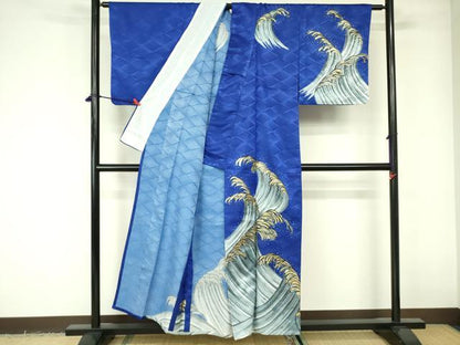 平和屋着物▽訪問着　単衣　立波文　金銀彩　洗える着物　DABE1512op
