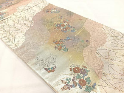 平和屋着物◎六通柄袋帯　草花文　金糸　正絹　逸品　AABH8690uk