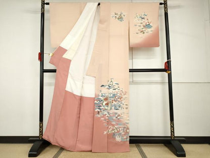 平和屋着物●訪問着　友禅　風景松竹梅文　暈し染め　鬼しぼ縮緬　正絹　逸品　AABH8882cs
