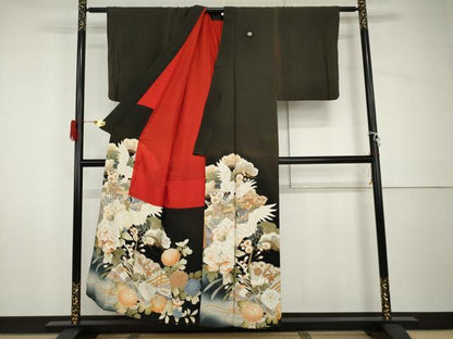 平和屋着物●アンティーク　大正ロマン　黒留袖　両褄　御所車飛鶴花文　正絹　逸品　AABH8875cs