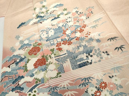 平和屋着物●訪問着　友禅　風景松竹梅文　暈し染め　鬼しぼ縮緬　正絹　逸品　AABH8882cs