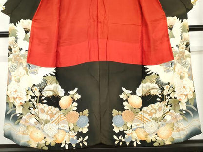 平和屋着物●アンティーク　大正ロマン　黒留袖　両褄　御所車飛鶴花文　正絹　逸品　AABH8875cs