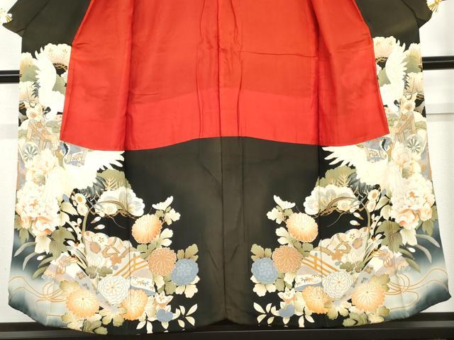 平和屋着物●アンティーク　大正ロマン　黒留袖　両褄　御所車飛鶴花文　正絹　逸品　AABH8875cs