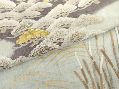 平和屋着物●訪問着　紬地　駒刺繍　中国三大刺繍　相良刺繍　立波松文　木賊　金彩　正絹　逸品　AABH8914cs