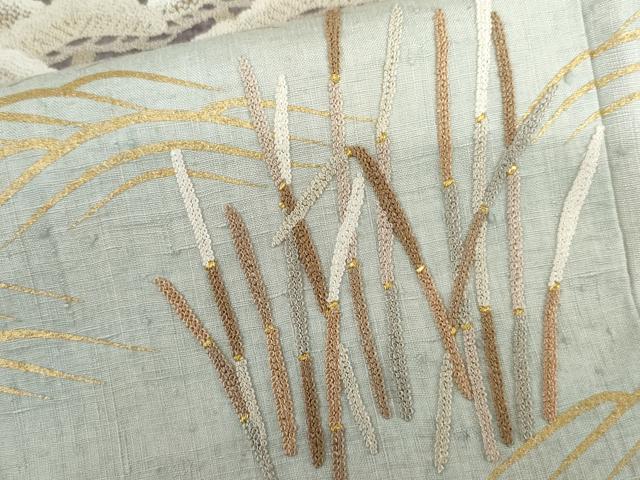 平和屋着物●訪問着　紬地　駒刺繍　中国三大刺繍　相良刺繍　立波松文　木賊　金彩　正絹　逸品　AABH8914cs