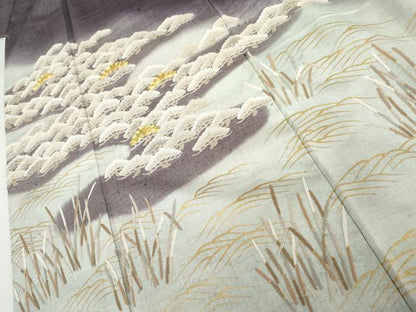 平和屋着物●訪問着　紬地　駒刺繍　中国三大刺繍　相良刺繍　立波松文　木賊　金彩　正絹　逸品　AABH8914cs