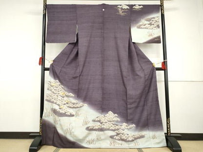 平和屋着物●訪問着　紬地　駒刺繍　中国三大刺繍　相良刺繍　立波松文　木賊　金彩　正絹　逸品　AABH8914cs