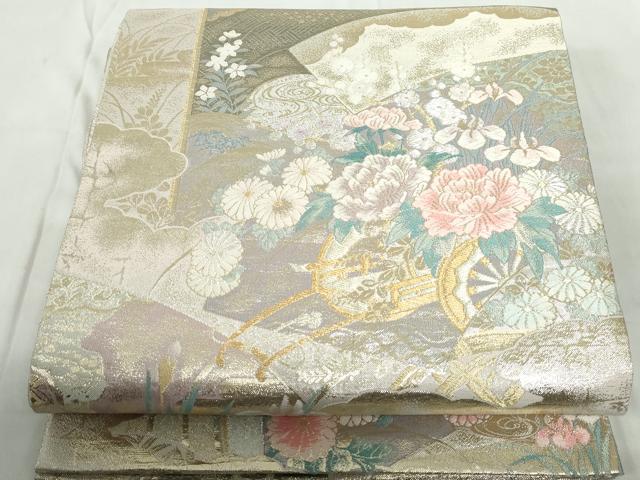 平和屋着物◎佐賀錦　両面　全通柄袋帯　唐織　慶長重ね　花車扇尽くし文　金銀糸　正絹　逸品　DABE0960qa