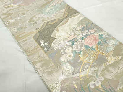 平和屋着物◎佐賀錦　両面　全通柄袋帯　唐織　慶長重ね　花車扇尽くし文　金銀糸　正絹　逸品　DABE0960qa