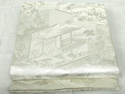 平和屋着物◎佐賀錦　両面　全通柄袋帯　唐織　慶長重ね　花車扇尽くし文　金銀糸　正絹　逸品　DABE0960qa