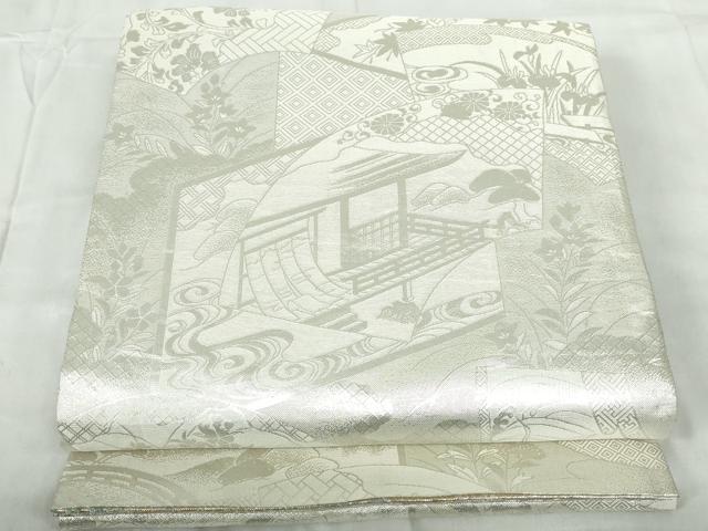 平和屋着物◎佐賀錦　両面　全通柄袋帯　唐織　慶長重ね　花車扇尽くし文　金銀糸　正絹　逸品　DABE0960qa