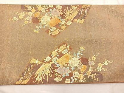 平和屋着物◎太鼓柄袋帯 御所車飛鶴花文 金彩 正絹 逸品 BAAX0936hv