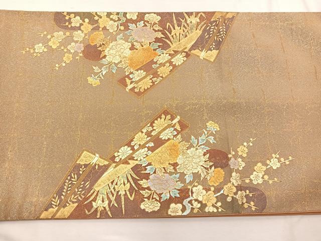 平和屋着物◎太鼓柄袋帯 御所車飛鶴花文 金彩 正絹 逸品 BAAX0936hv