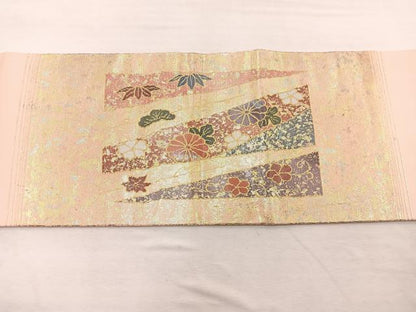 平和屋着物◎九寸名古屋帯 螺鈿箔 草花文 金銀彩 正絹 逸品 BAAX0965hv
