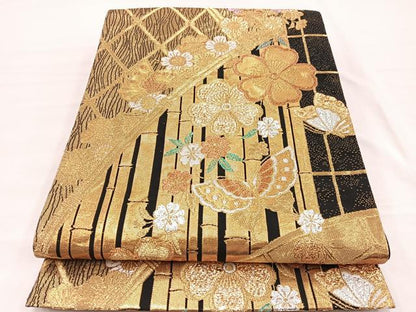 平和屋着物◎六通柄袋帯　籬花蝶文　黒地　金銀糸　正絹　逸品　BAAX1826hv