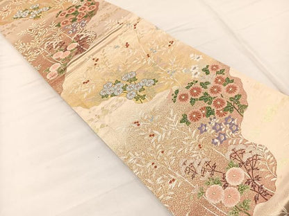 平和屋着物◎六通柄袋帯 唐織 草花文 金糸 正絹 逸品 BAAX1968hv